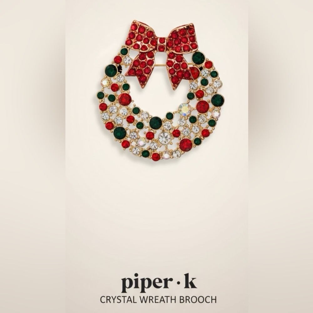 Piper K Festive Wreath Brooch with Red and Green Crystals